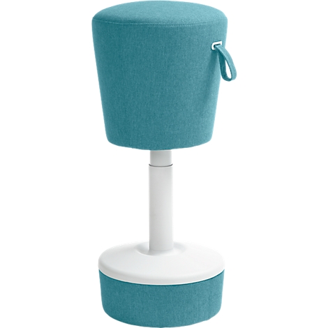 Stool with blue fabric cover, white frame and handle.
