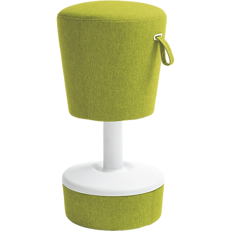 Green stool with white base and handle. The seat is round, the stool tapers downwards.