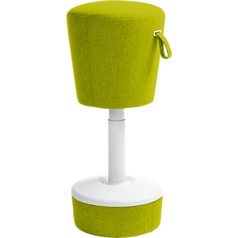 Stool with green seat, white frame, and handle. The seat is round and covered with fabric. The frame is height adjustable.
