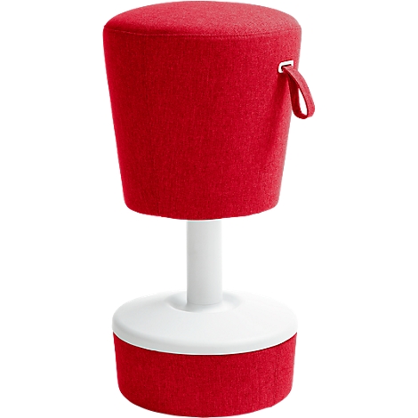 Red stool with white base and handle. The upper seating area and lower base are red, the middle section and foot are white.