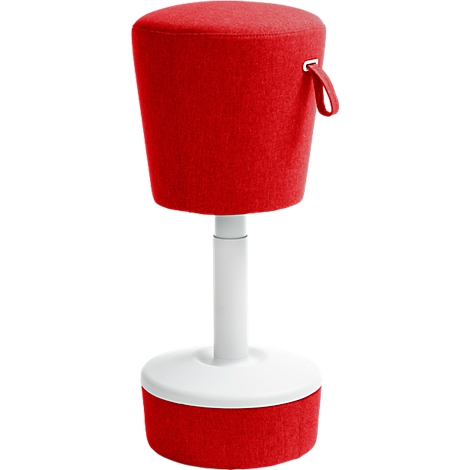 Red stool with white frame. The round seat cushion and bottom base are red, the support is white.