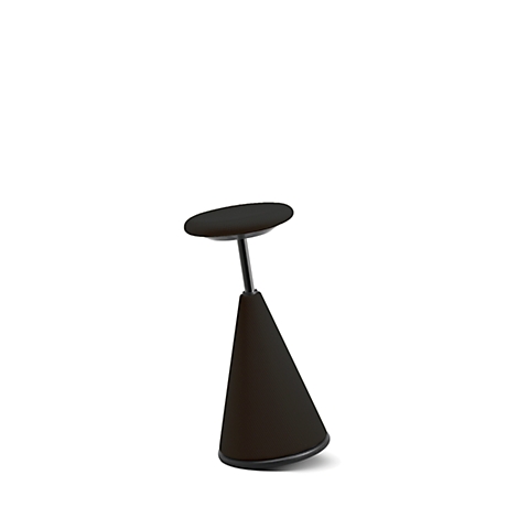 Black standing stool on white background. The stool has a round seat, a narrow, black stem, and a conical foot.