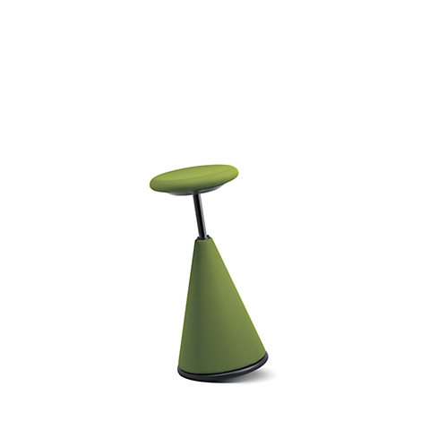 A green, cone-shaped stool with a black pillar and a round seat, against a white background.