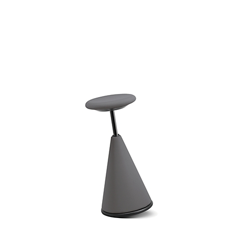Gray standing stool with conical base, black stem, and round seat, isolated on white background.
