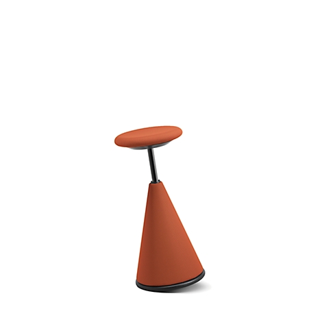 An orange standing stool with black base, column, and seat against a white background.