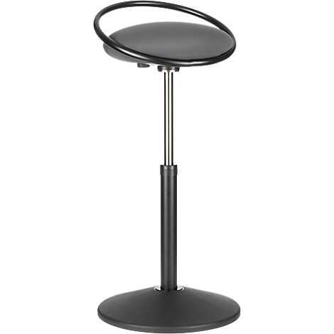 Black standing stool with round seat and hoop. The base and central column are black, the column itself is silver.