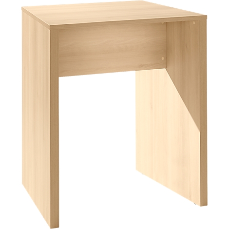A small, square desk in light wood with one open side.