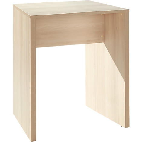 A square, light brown table without drawers, with open sides. Wood grain visible.