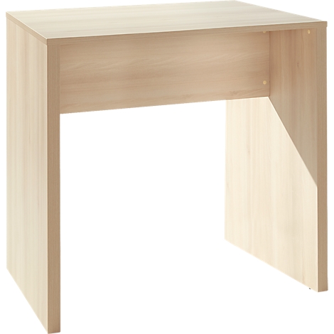 Small, rectangular desk made of light-colored wood with open sides.