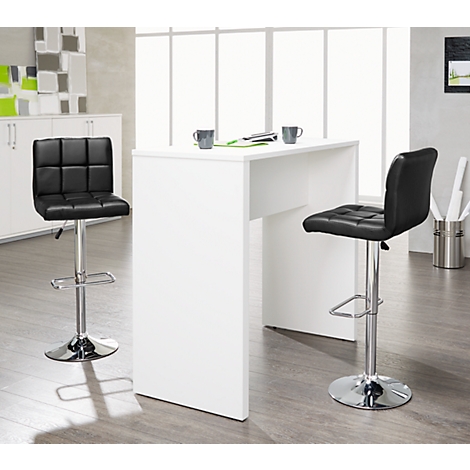 White bar table with two black bar stools. On the tabletop are two gray mugs and pads.