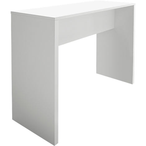 White desk with rectangular tabletop, two legs and a crossbeam.