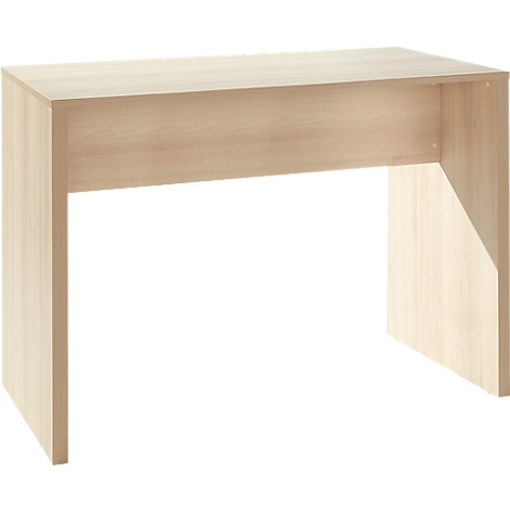 A light, rectangular wooden desk. It stands on two solid side panels and a table top. Simple, functional design.