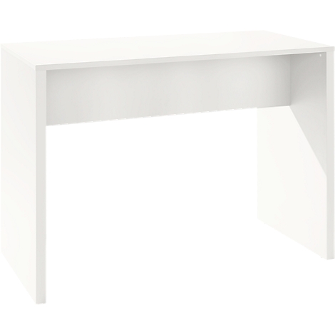 A white desk with a simple, modern design. The desk has a rectangular tabletop supported by four square legs, with an open compartment.