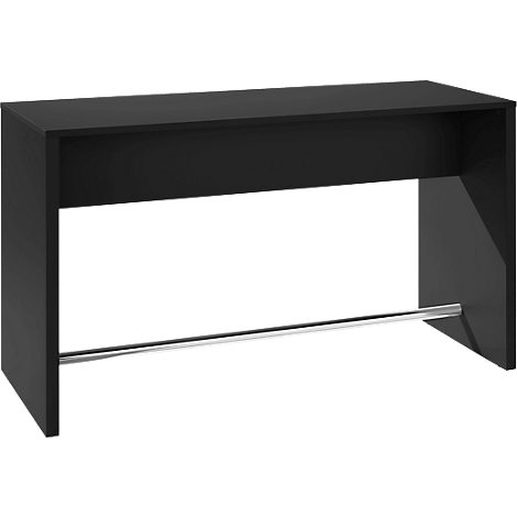 Black bar table with angular design, a footrest, and a simple shape.