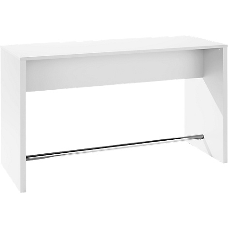 White bar table, minimalist design. Rectangular tabletop, two massive side parts, footrest.