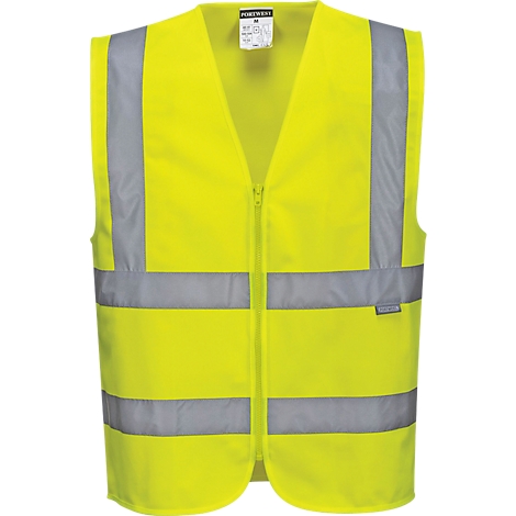 Yellow safety vest with reflective stripes and zipper.