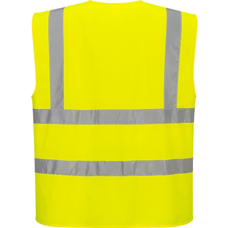 Back view of a yellow safety vest with silver reflective stripes. The vest is sleeveless.