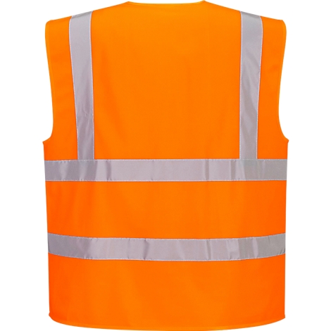 Back view of an orange high-visibility vest with silver reflector strips.