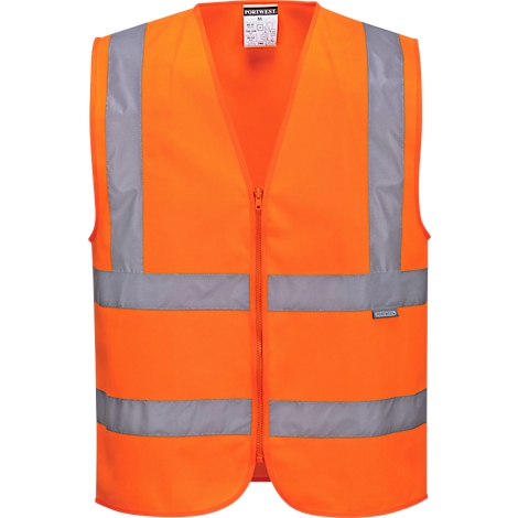 Orange high-visibility vest with zipper and reflective stripes. A label is attached at the top left.