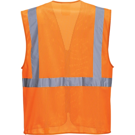 A bright orange safety vest with silver reflective stripes.