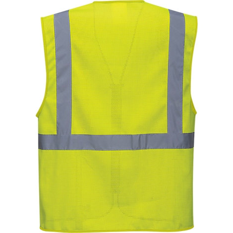 Yellow high-visibility vest with grey reflectors. Back view.
