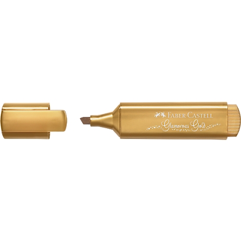 Gold-colored highlighter with cap beside it. The pen says "FABER-CASTELL Glamorous Gold".