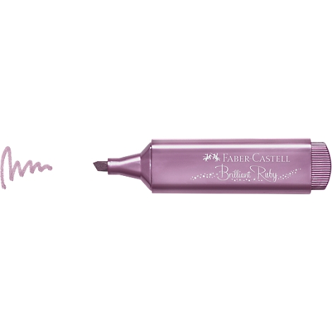 Light purple Faber-Castell highlighter pen with the text "Brilliant Ruby", next to it a wavy mark.