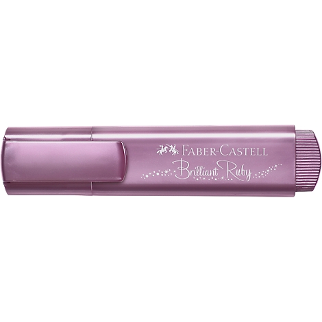 A pink highlighter by Faber-Castell with the inscription "Brilliant Ruby".