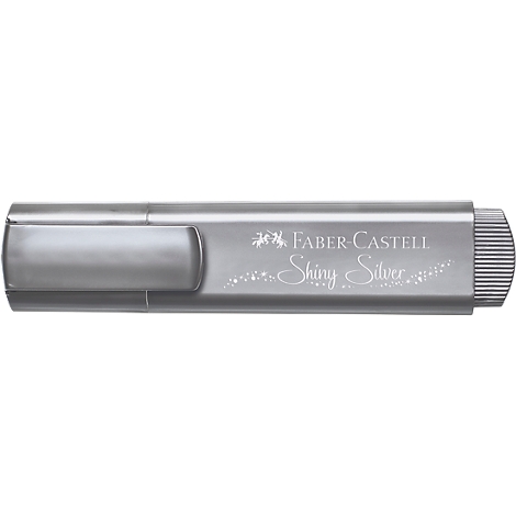 A silver Faber-Castell Shiny Silver highlighter. The name is engraved on the pen.