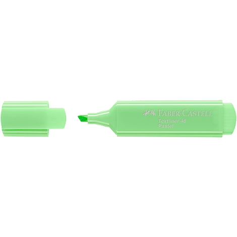 A light green Faber-Castell highlighter is open, with the cap next to it. The pen has a beveled tip.
