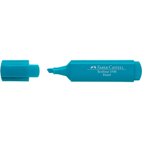 Turquoise highlighter with the cap removed. The marker says Faber-Castell.