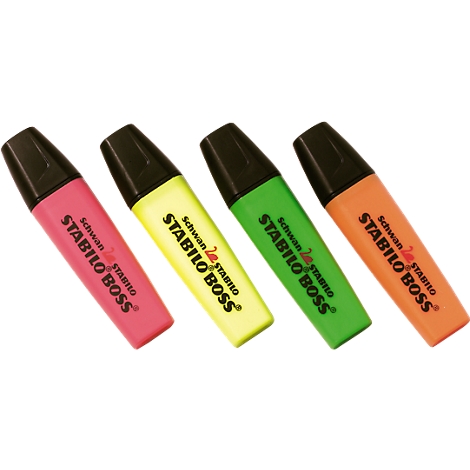 Four highlighters in pink, yellow, green, and orange with black tips. Each pen reads "Schwan STABILO BOSS."
