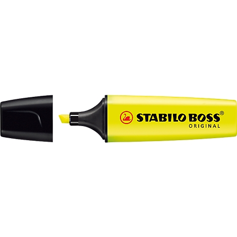 Yellow highlighter with black cap, inscription STABILO BOSS ORIGINAL.