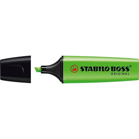 A green highlighter, open, with a black cap. The marker says "STABILO BOSS ORIGINAL".