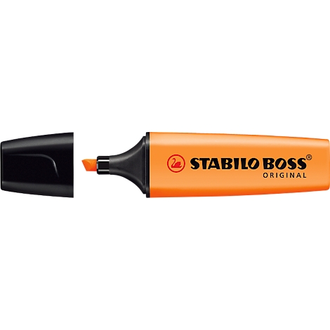 An orange STABILO BOSS highlighter with a black cap. The highlighter says "STABILO BOSS ORIGINAL."