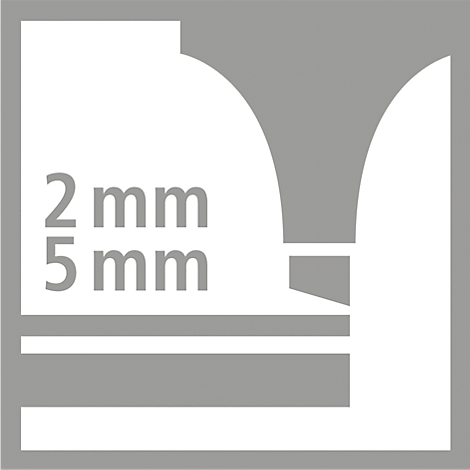 Gray square with white elements. On the left is '2 mm' and '5 mm'.