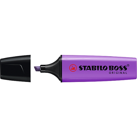 A purple highlighter with a black cap. The highlighter is open, the tip is violet and shows the 'Stabilo Boss' logo.