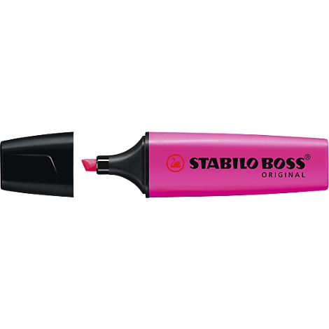 A pink highlighter, Stabilo Boss brand, with a black cap next to it.