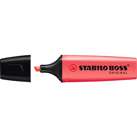 A red STABILO BOSS highlighter, cap next to it. The highlighter shows the tip and the brand name.