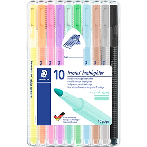 Package of 10 pastel highlighters. Individual pens with coloured caps and tips, enclosed in transparent plastic.