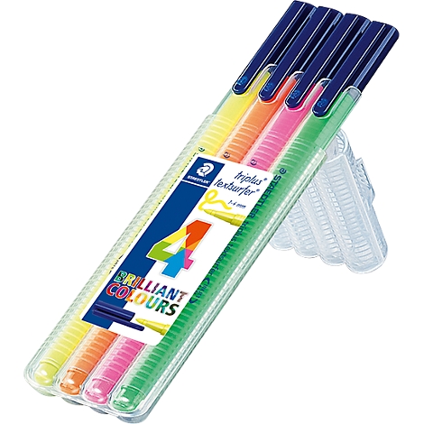 Set of four neon colored highlighters in a transparent case. Blue caps, inscription "4 brilliant colours".