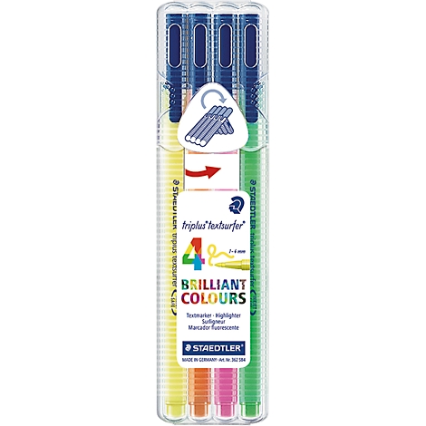 Four highlighters in a transparent case. Inscription: Triplus textsurfer, Brilliant Colors. Different colors.