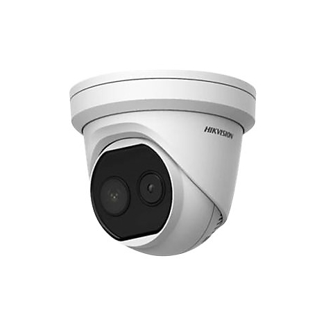 Weiße Hikvision Überwachungskamera als Kuppelmodell vor weißem Hintergrund.