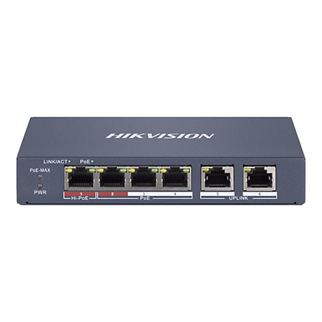 Hikvision Netzwerk-Switch mit 6 Ports, Hi-PoE- und PoE-Anschlüssen sowie zwei Uplink-Ports vor weißem Hintergrund.