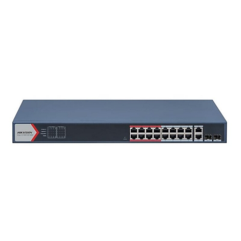 Hikvision Netzwerk-Switch in grauem Metallgehäuse mit mehreren Ethernet- und Glasfaseranschlüssen auf der Vorderseite.