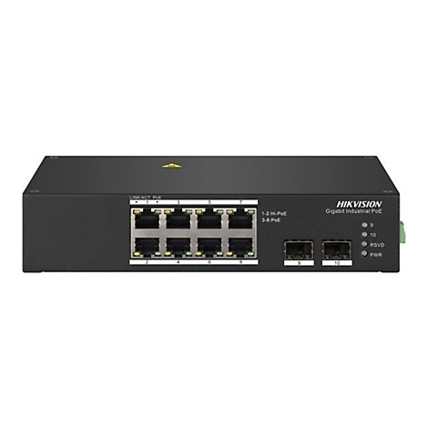 Schwarzer Hikvision Gigabit Industrial PoE Switch mit acht RJ45-Ports und zwei SFP-Anschlüssen vor weißem Hintergrund.