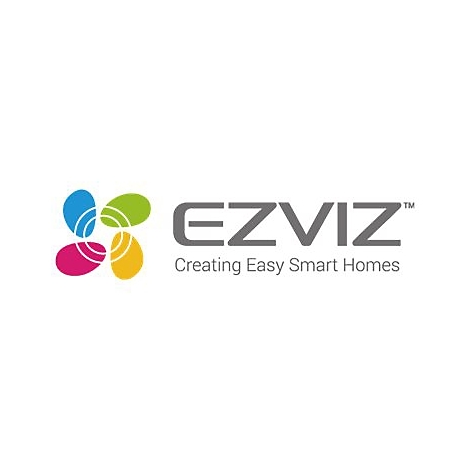 Firmenlogo von EZVIZ mit buntem, blütenartigem Symbol und grauem Schriftzug auf weißem Grund.