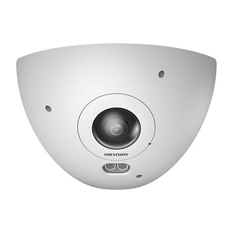 Weiße, kuppelförmige Hikvision Überwachungskamera vor weißem Hintergrund.