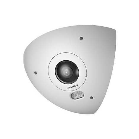 Weiße, dreieckige Überwachungskamera von Hikvision vor weißem Hintergrund.