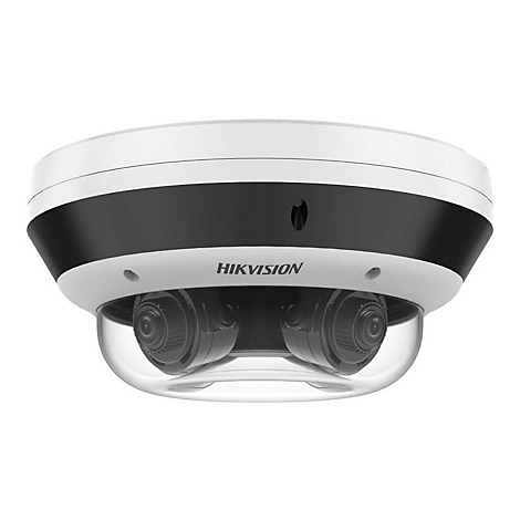 Weiße Hikvision Dome-Überwachungskamera mit zwei Objektiven unter einer transparenten Kuppel.